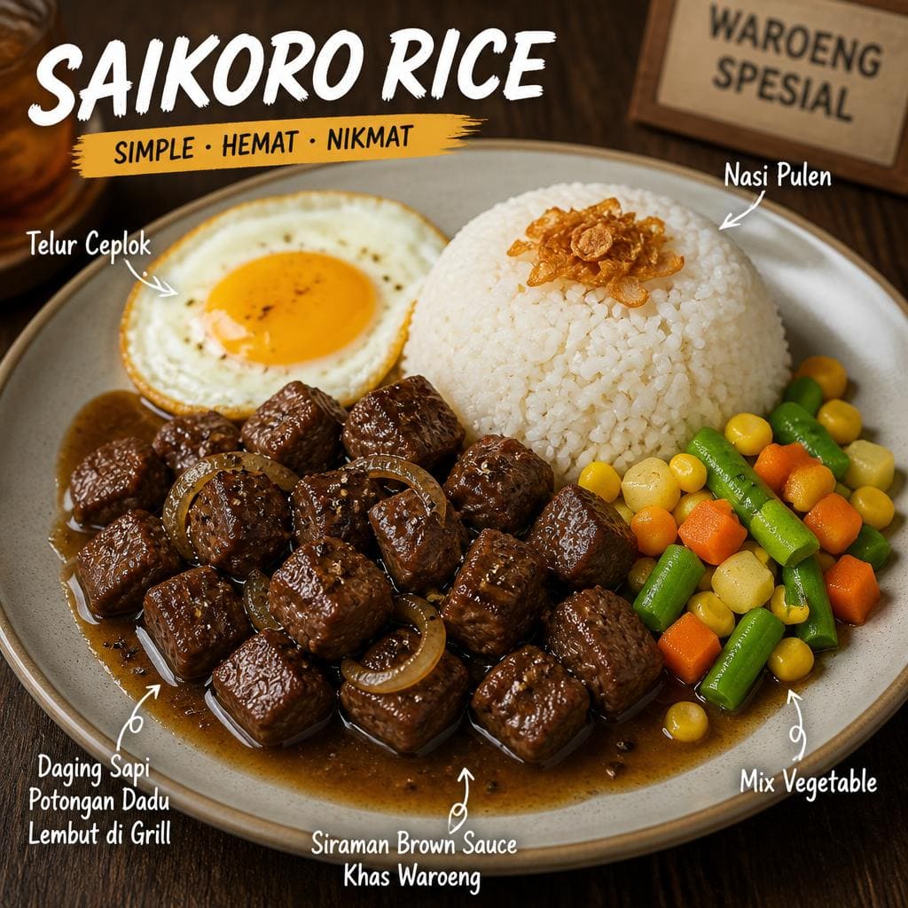 Saikoro Rice dengan daging sapi potongan dadu, nasi, telur, dan mix vegetable